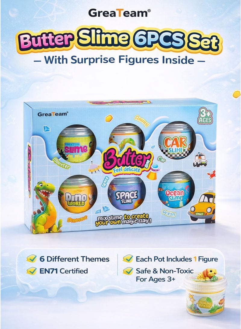 GreaTeam Butter Slime 6PCS Slime Set for Kids with 6 Surprise Toy Figures Inside – Monster Slime, Car Slime, Space Slime, Wild Animal Slime, Ocean Slime, Dino World Slime – Soft Stretchy Non-Sticky Mix & Create Sensory Play Fidget Toy – Boys Accessories Slime Kit – EN71 Certified Safe Non-Toxic – Educational Learning Toy Gift for Boys & Girls Ages 3 Years+ - Image 1